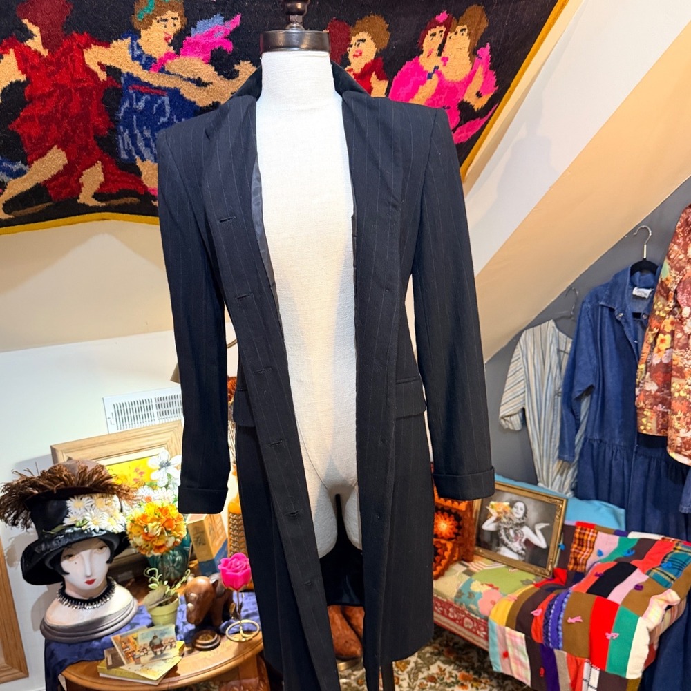 Ralph Lauren Vintage Pinstripe Worsted Wool Button Front Tuxedo Coat Dress Black - Picture 10 of 11